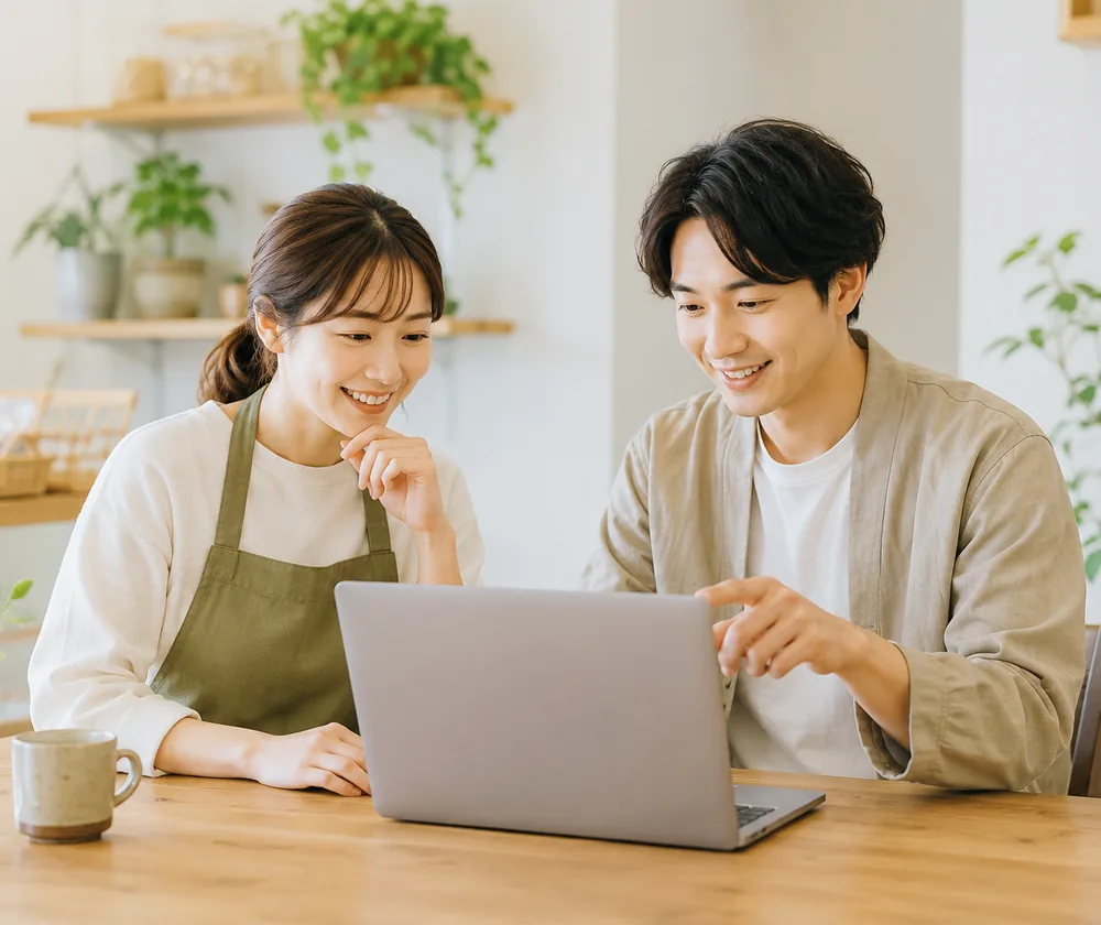 店主と一緒にパソコン画面を見ながら相談している様子